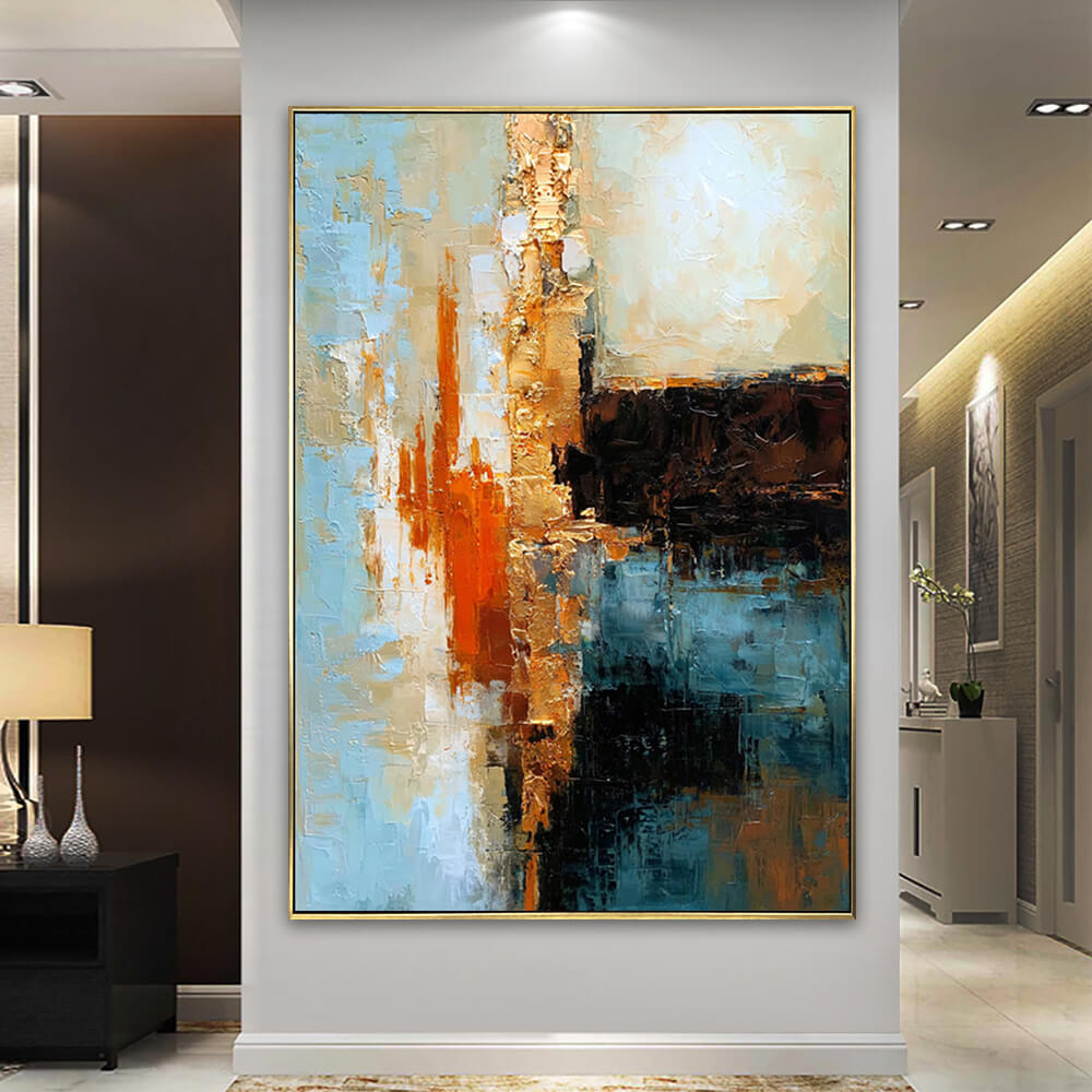 Luxury foyer interior, oversized vertical thick impasto abstract wall art mounted on white accent wall