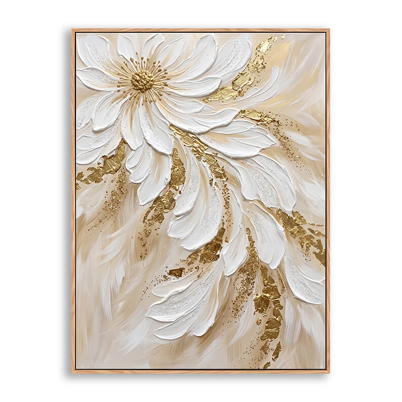 Vertical hand painted canvas featuring large sculpted white flower with cascading petals and luxurious gold leaf accents, heavy 3D impasto texture on creamy beige background, elegant flowing floral artwork