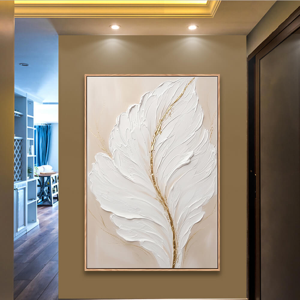 3D textured plume painting installed along corridor with ceiling spotlights