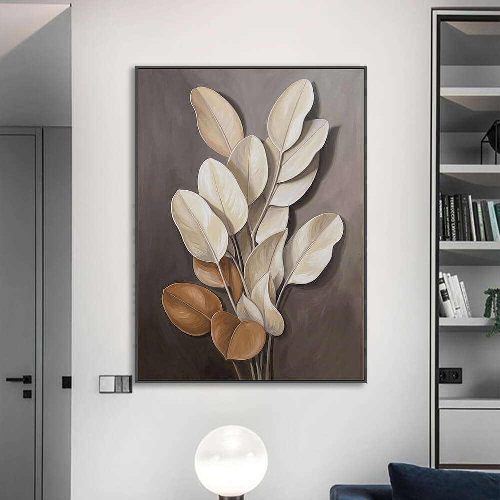 Contemporary neutral foliage oil painting displayed elegantly above wooden floors in a minimalist