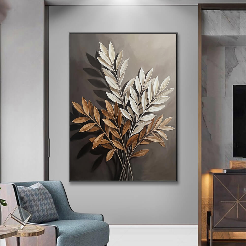 Contemporary neutral foliage oil painting displayed elegantly above wooden floors in a minimalist living room interior.