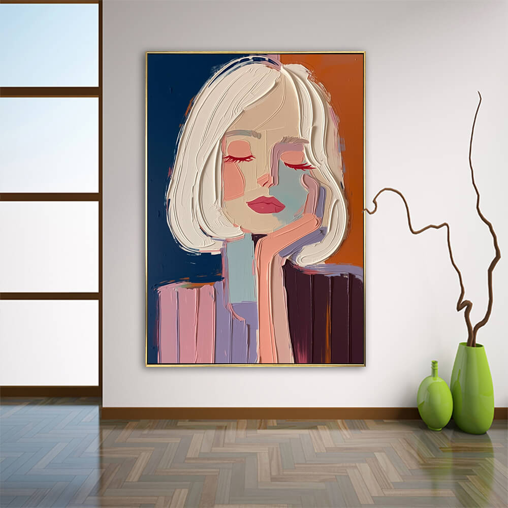 Contemporary female face textured oil painting displayed elegantly above wooden floors in a minimalist living room interior.