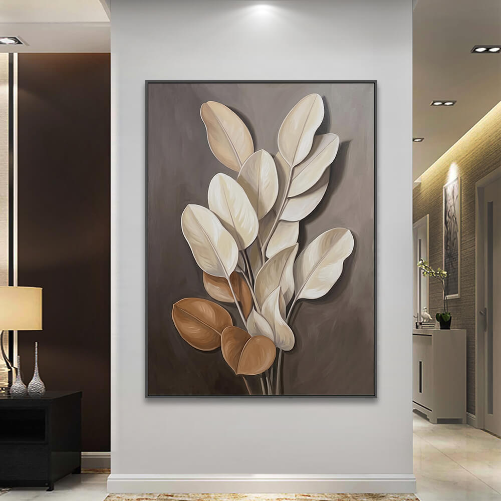 Large botanical foliage painting showcased in a luxury contemporary home interior with soft ambient lighting.
