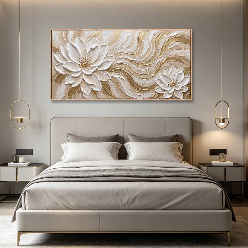 Hand painted white and gold floral wall art, 3D sculpted flowers with thick paint texture, flowing metallic gold waves, sophisticated artwork for bedroom and living room
