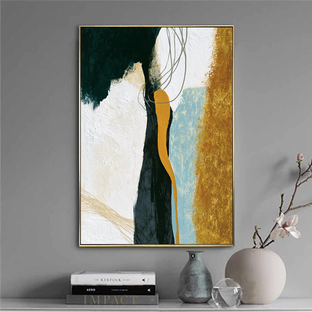 Minimalist interior scene, vertical soft texture amber silhouette abstract canvas for modern accent wall