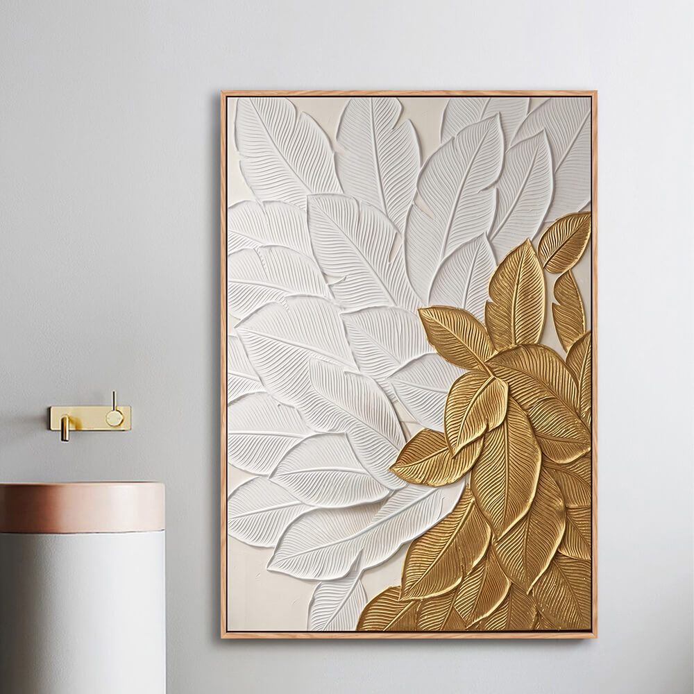 Bathroom vanity display scene, impasto 3D tropical leaf hand painting, dual tone white and golden banana foliage on cream background