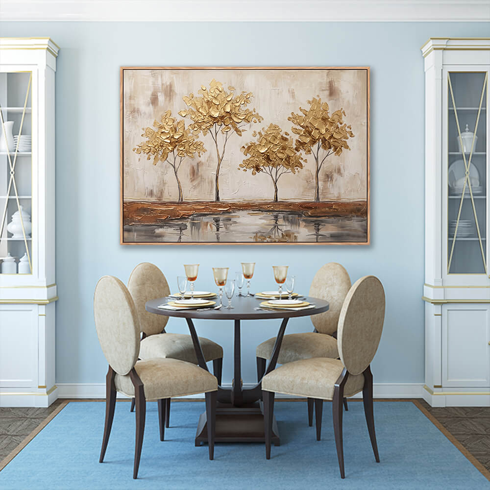 Golden trees textured artwork in elegant formal dining room with blue carpet
