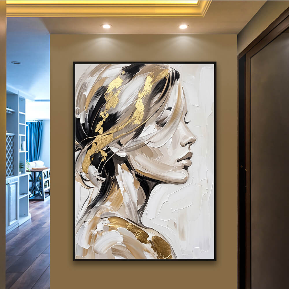 Sophisticated hallway featuring a warm beige and gold handmade canvas painting mounted on a neutral accent wall with soft recessed lighting.