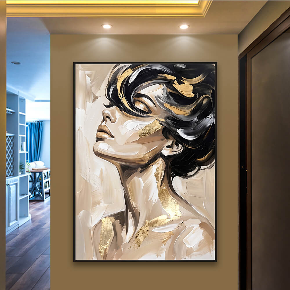 Sophisticated hallway featuring a warm beige and gold handmade canvas painting mounted on a neutral accent wall with soft recessed lighting.
