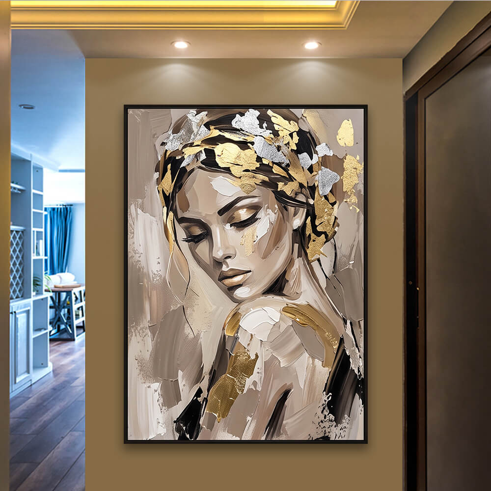 Sophisticated hallway interior showcasing an original textured oil artwork mounted on a warm neutral accent wall.