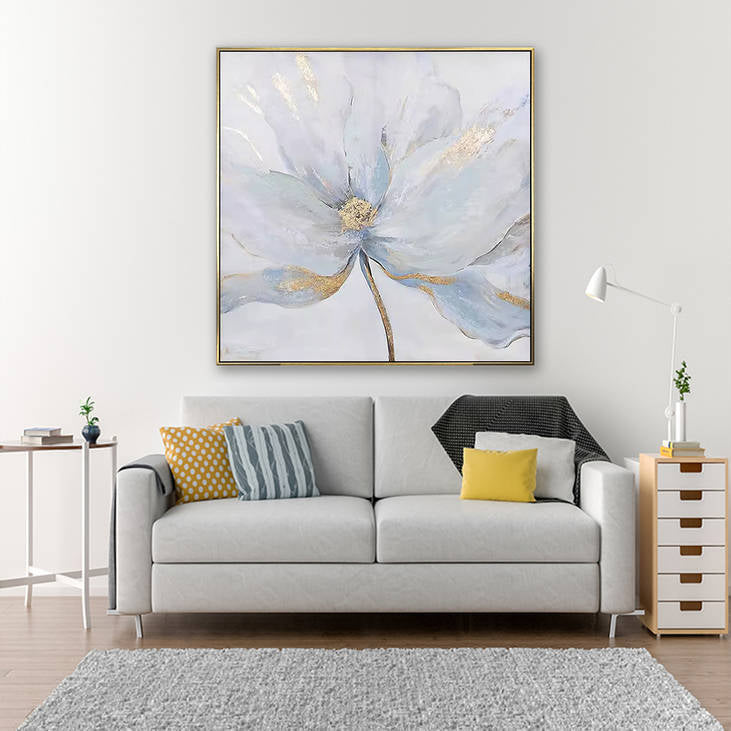 Hand Painted Blue Floral Canvas Wall Art with Gold Accents #YX294