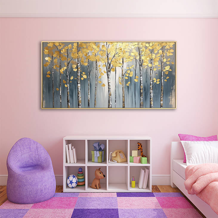 Golden Birch Forest Canvas Art #YX212