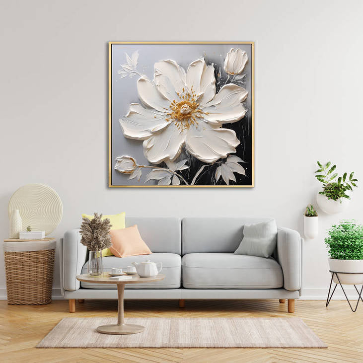 Abstract White Flower Art with Gold Details #VA107
