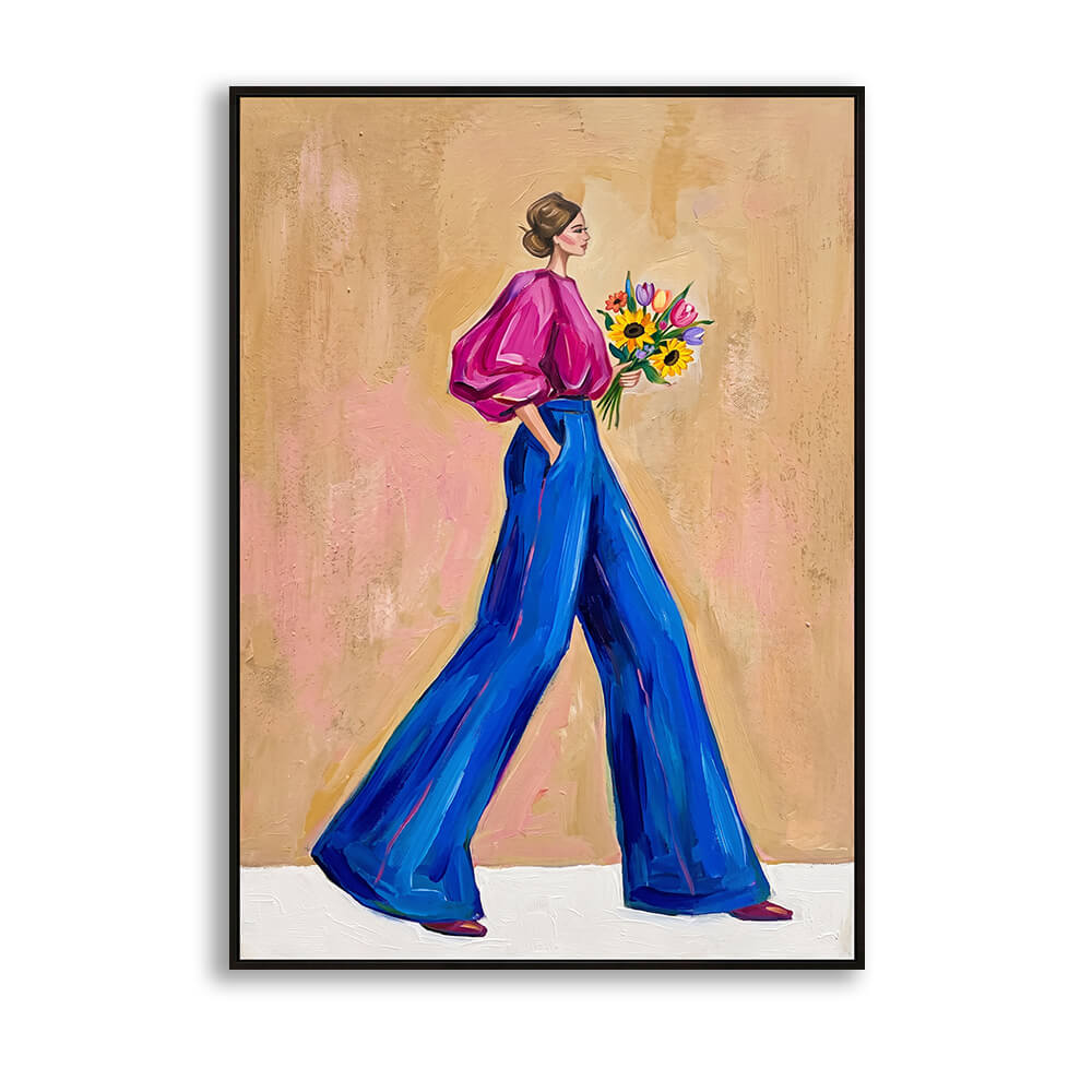 Studio front view showcasing Vibrant Stride, a 100% original hand-painted abstract woman artwork featuring a stylish female figure in a vibrant magenta blouse and blue trousers carrying flowers.