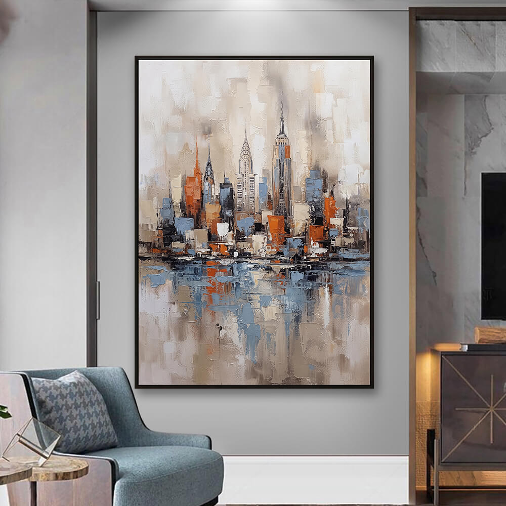 Ambient room styling featuring City Reflection decorative painting hanging on a neutral wall next to a grey armchair.