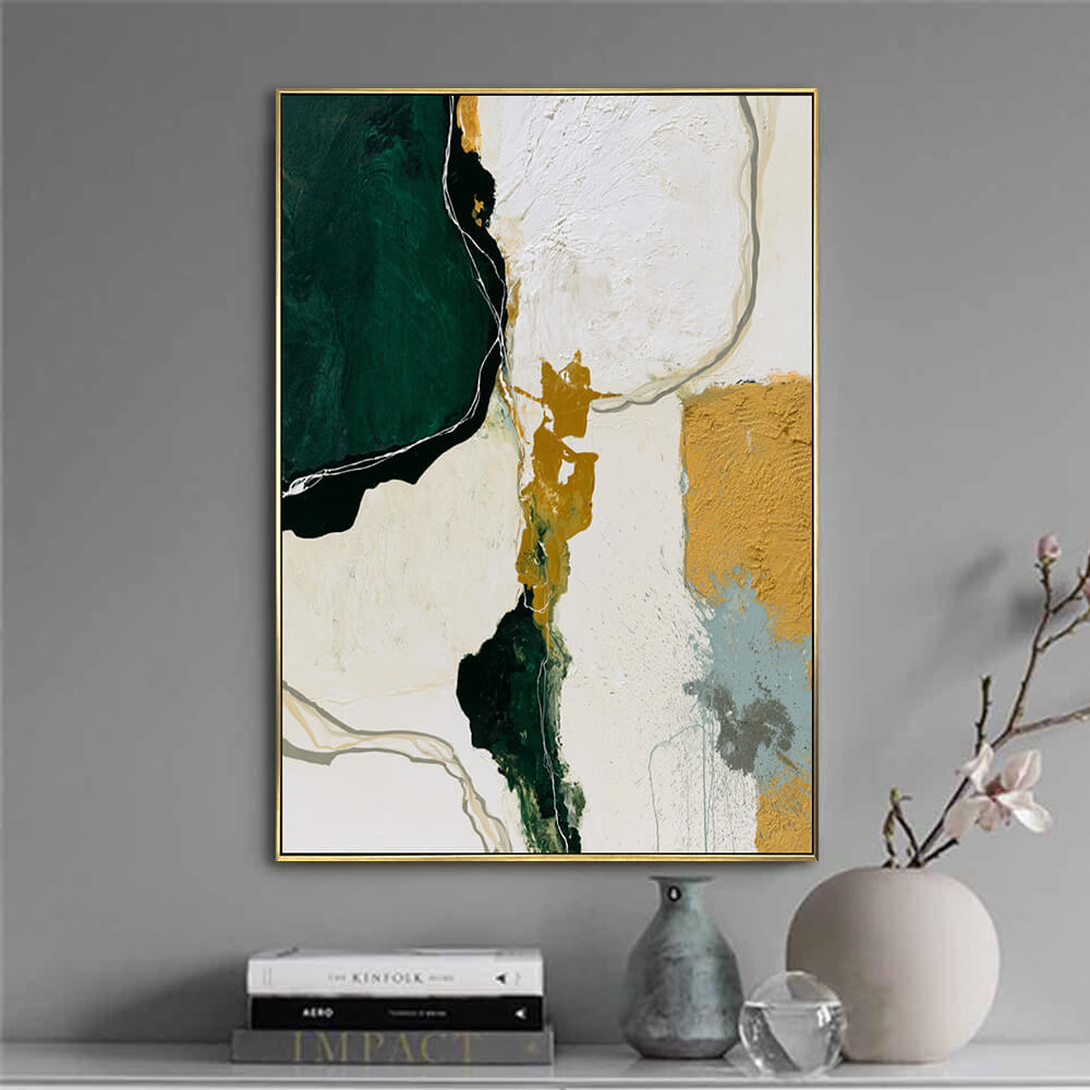 Minimalist interior scene, vertical soft texture emerald abstract canvas for modern accent wall