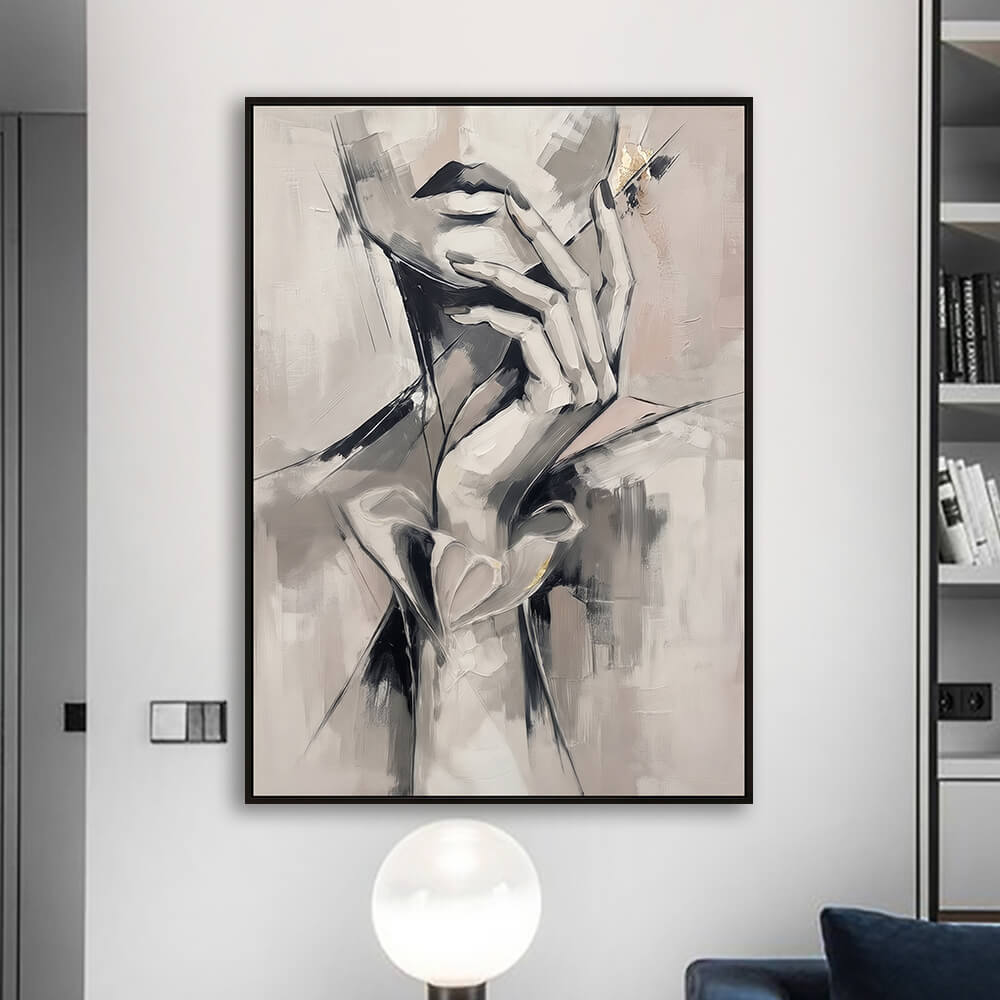 Modern apartment living space view showcasing Silent Grace wall art hanging above a stylish illuminated lamp console.