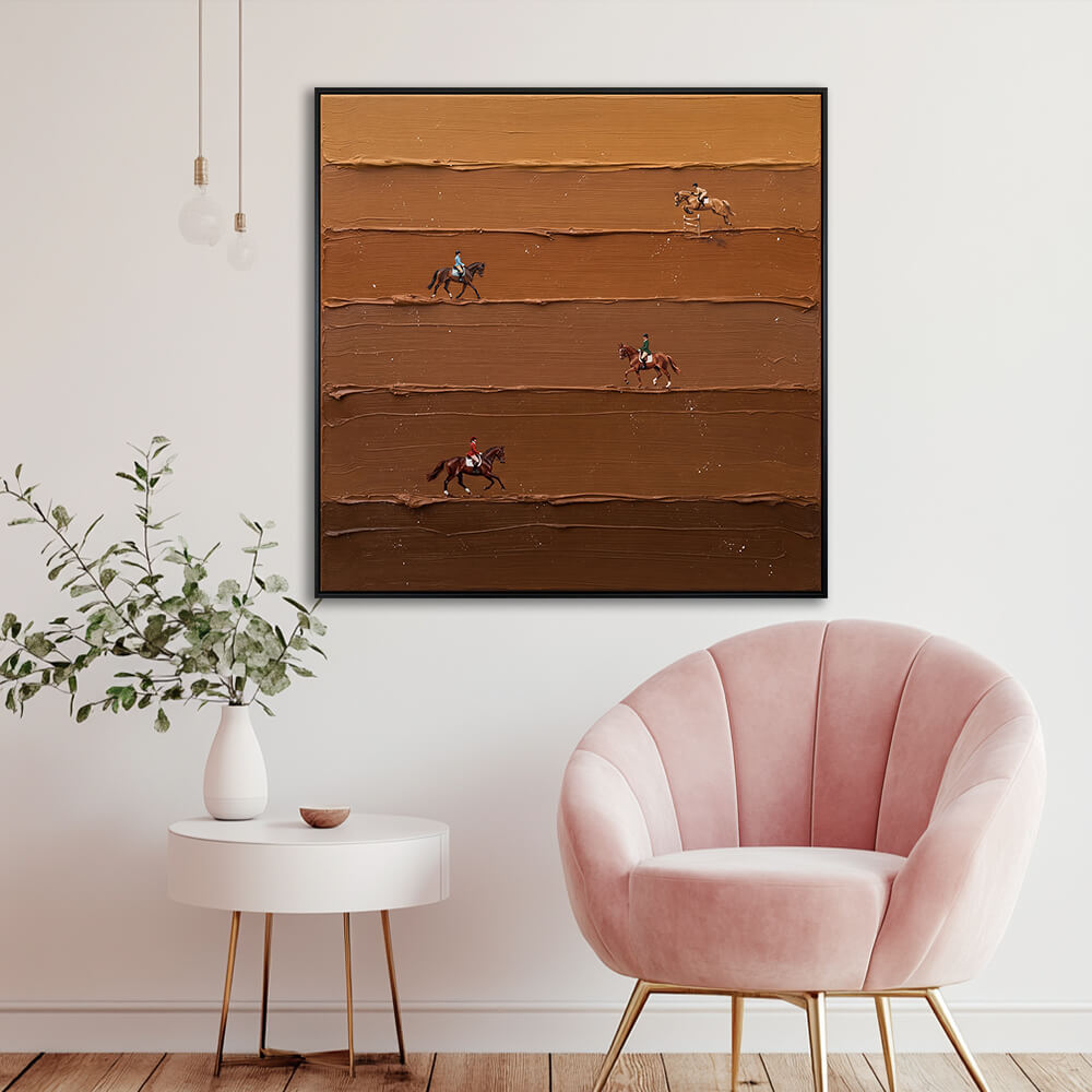 Interior styling view of Countryside Cadence hanging in a bright minimalist living room next to a pink accent armchair.