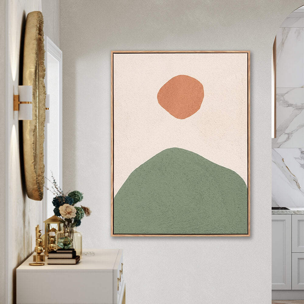 Large vertical minimalist landscape painting with green mountain and terracotta sun, creamy beige textured background, modern abstract artwork