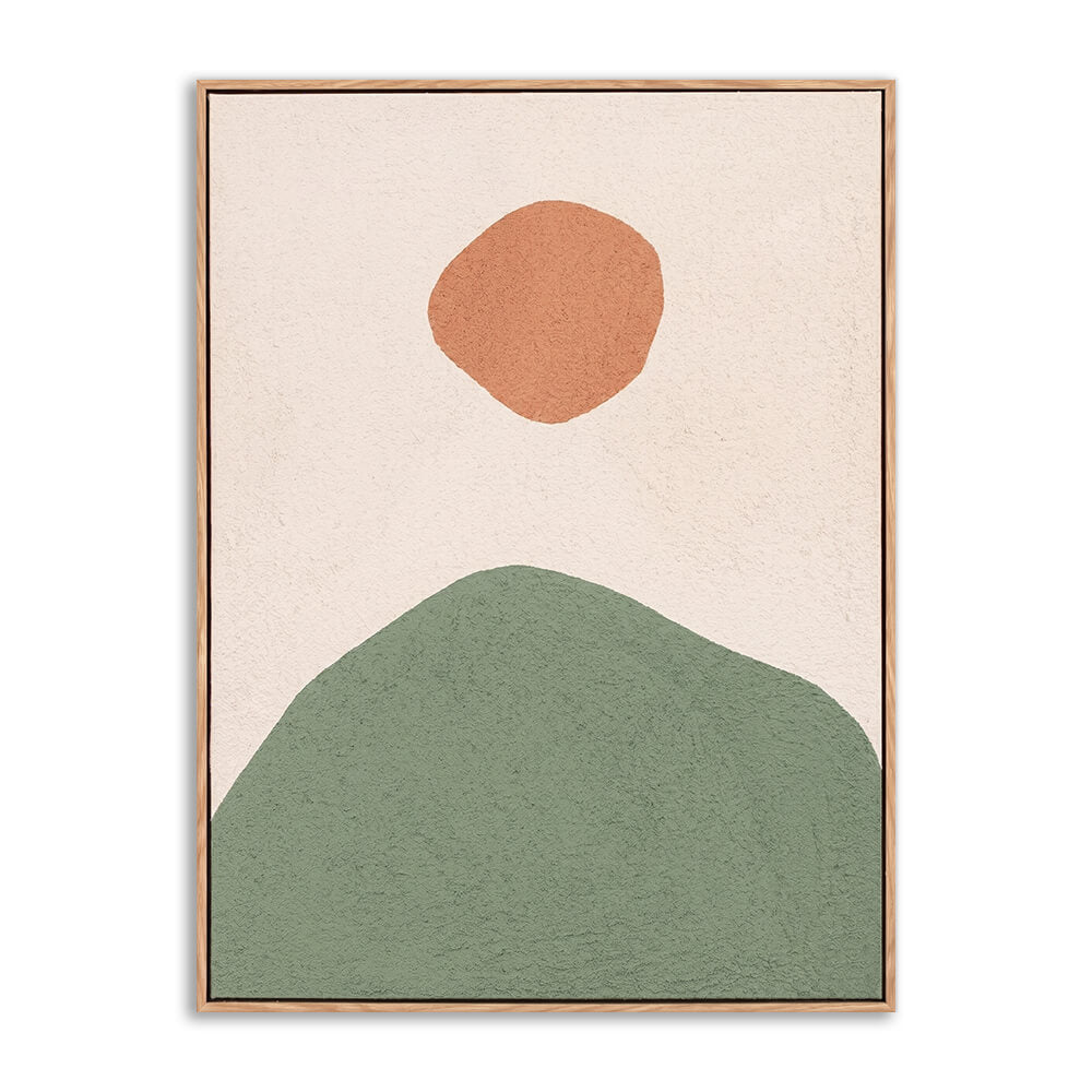 Vertical hand painted canvas featuring a soft sage green mountain hill with warm terracotta sun on creamy beige background, heavy textured surface, minimalist abstract landscape artwork