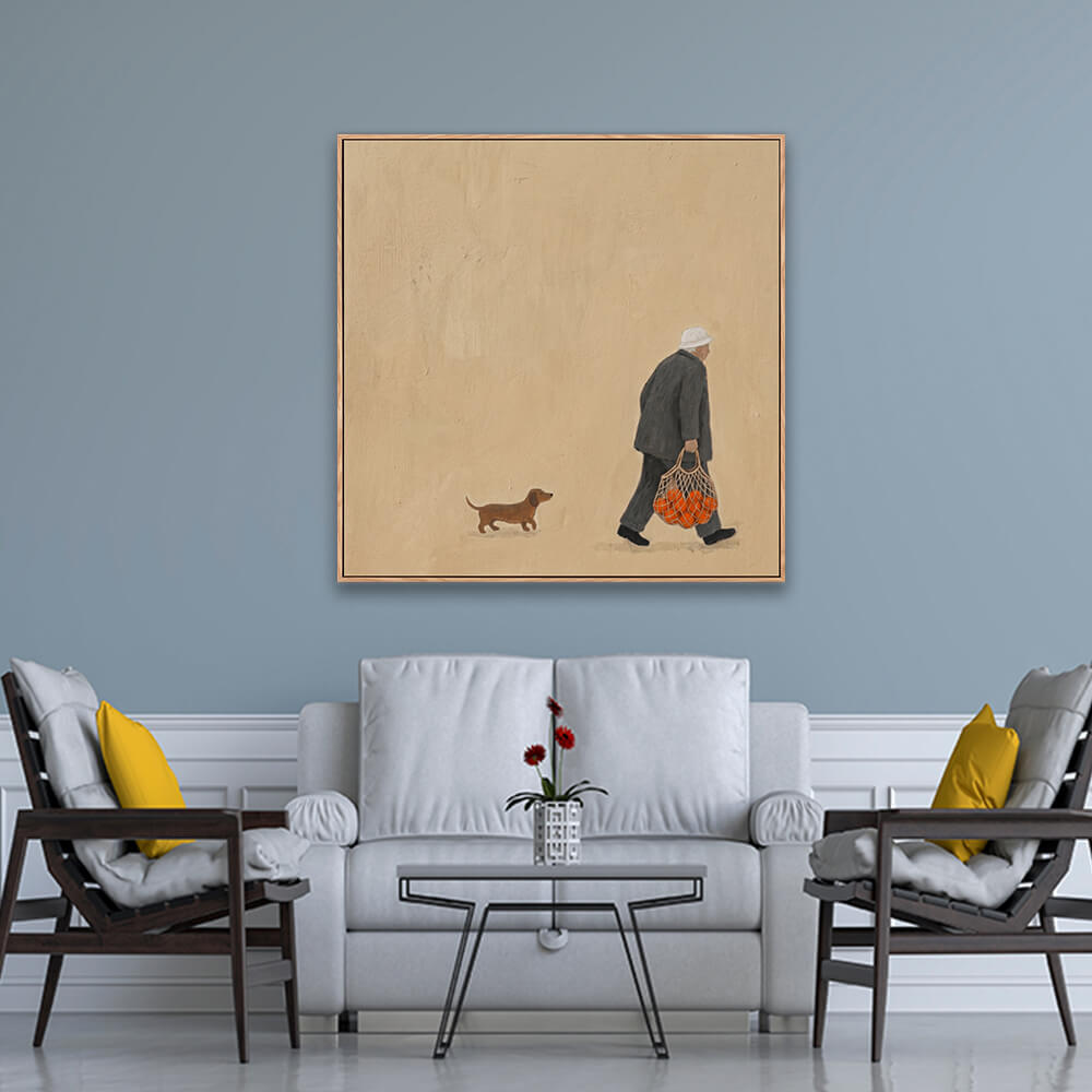 Warm beige minimalist painting with man and dog on blue living room wall