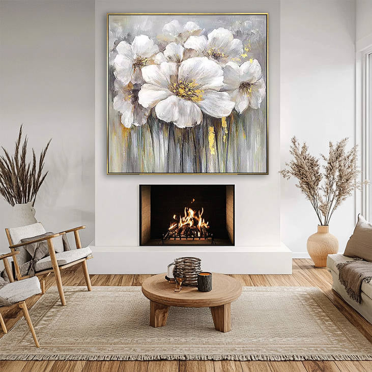 Hand Painted White Floral Canvas Art | Gold Accent Modern Abstract Painting #YX295