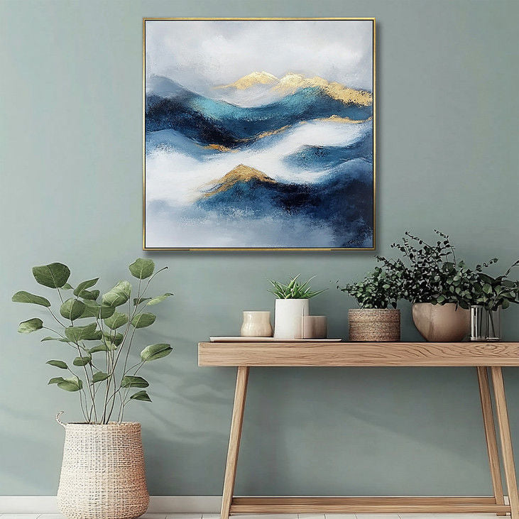 Blue Mountain Abstract Canvas with Gold Peaks #YX18