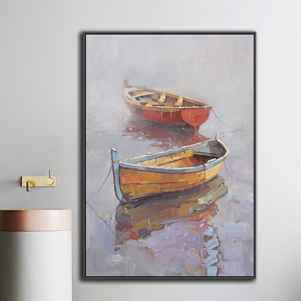 Framed lakeside boat painting mounted beside bathroom vanity for powder room decor