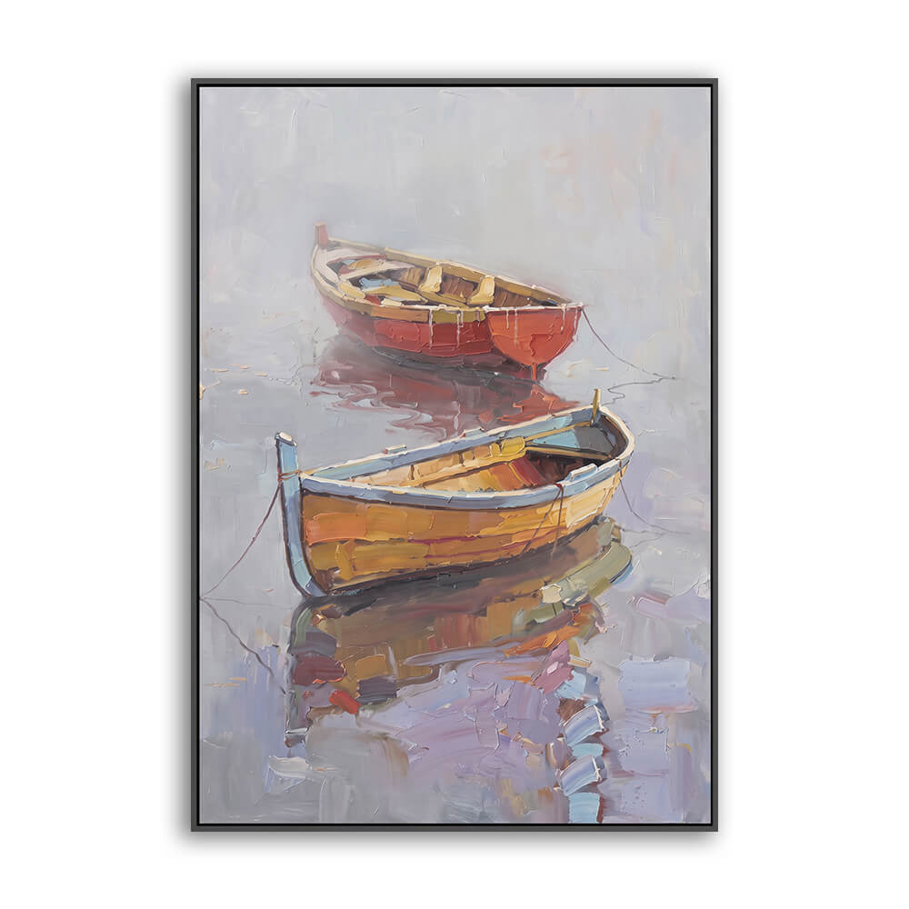 Vertical hand painted landscape canvas, two anchored rowboats on misty reflective lake, soft layered brushwork