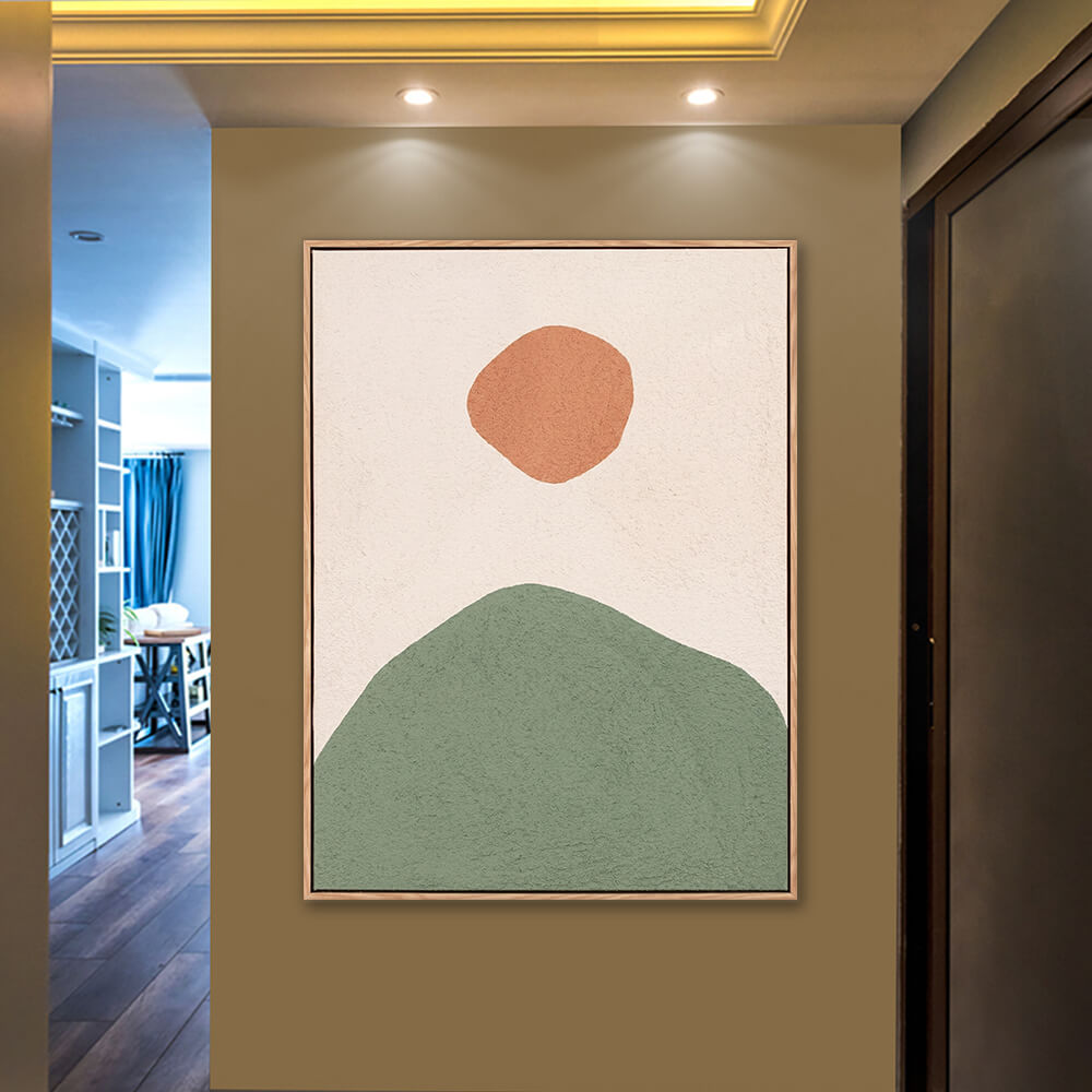 Vertical modern abstract sun and mountain painting with heavy textured surface, sage green hill and warm terracotta sun, minimalist landscape art