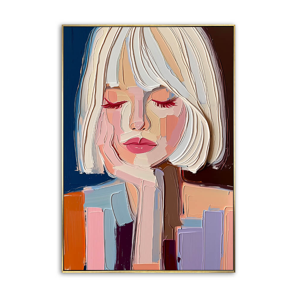 Close-up detail of a modern abstract woman portrait oil painting featuring heavy impasto texture and a palette knife technique on hand-painted canvas.