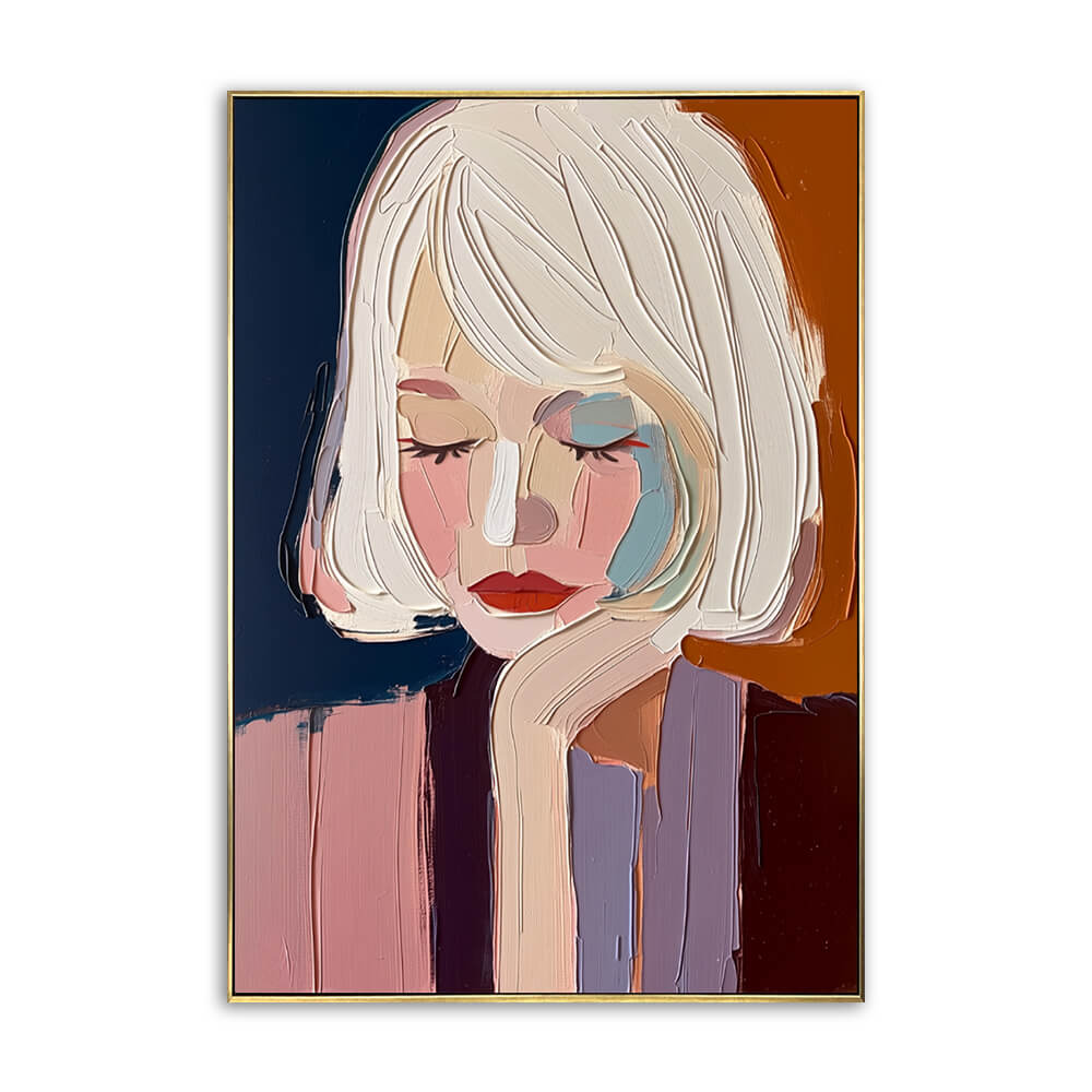 Close-up detail of a modern abstract woman portrait oil painting featuring heavy impasto texture and a palette knife technique on hand-painted canvas.
