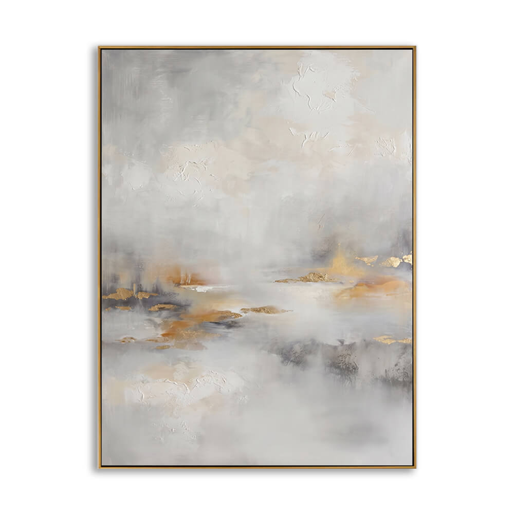 Hand-painted modern beige misty abstract landscape canvas, soft grey beige with shimmer gold leaf, thin gold frame, isolated white background