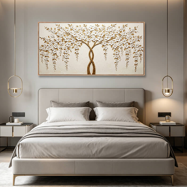 Hand painted canvas wall art for modern homes, golden tree of life with cascading white 3D flowers, heavy impasto oil painting on neutral cream background