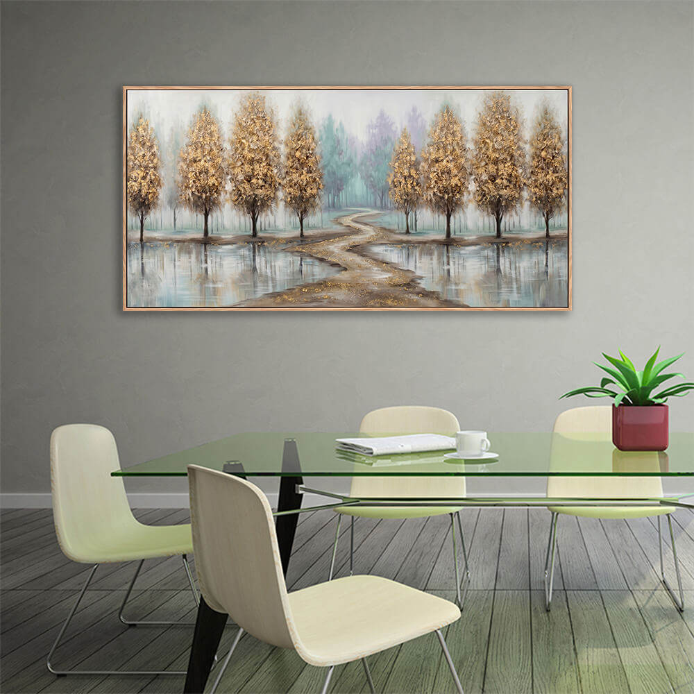Panoramic golden tree and river landscape painting decorating a contemporary dining space with a green glass table.