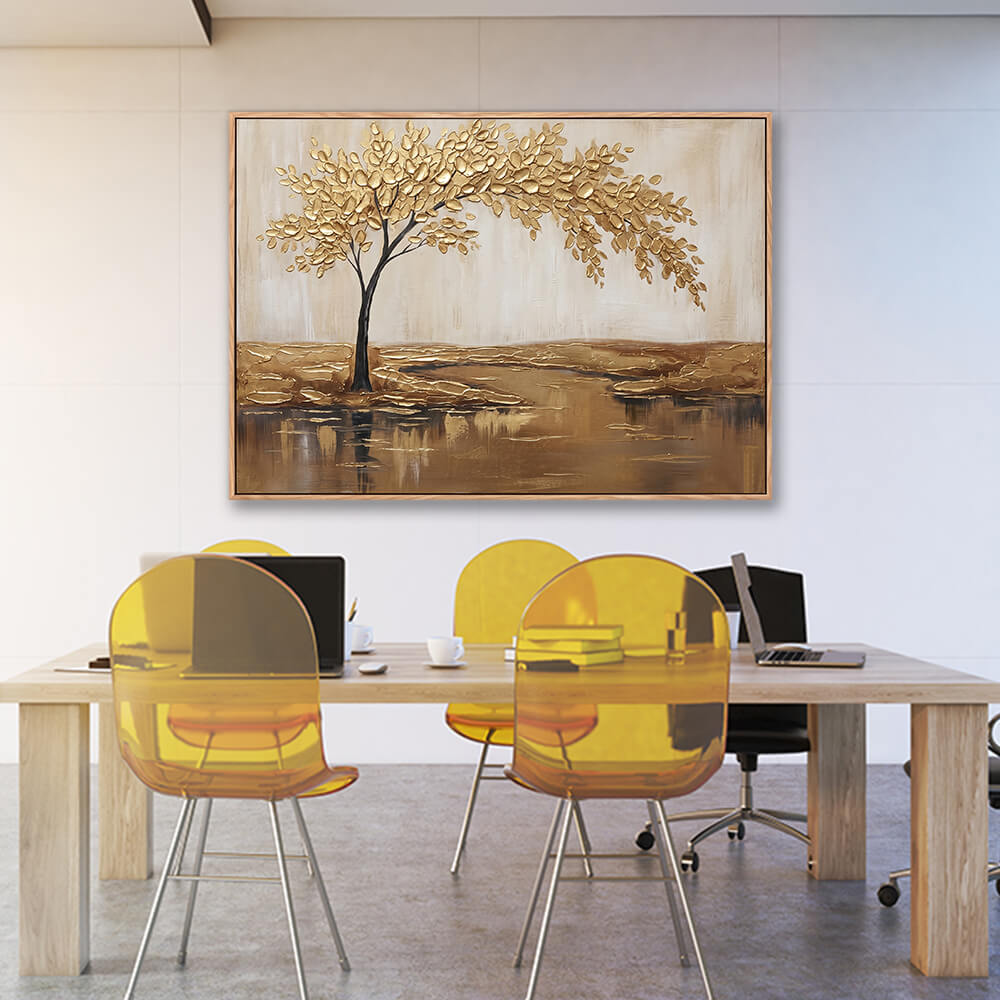 Golden tree textured painting in contemporary office meeting room interior