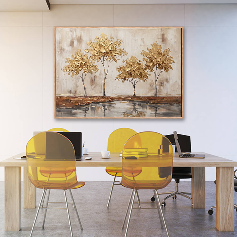 Golden trees textured painting in contemporary office meeting room interior