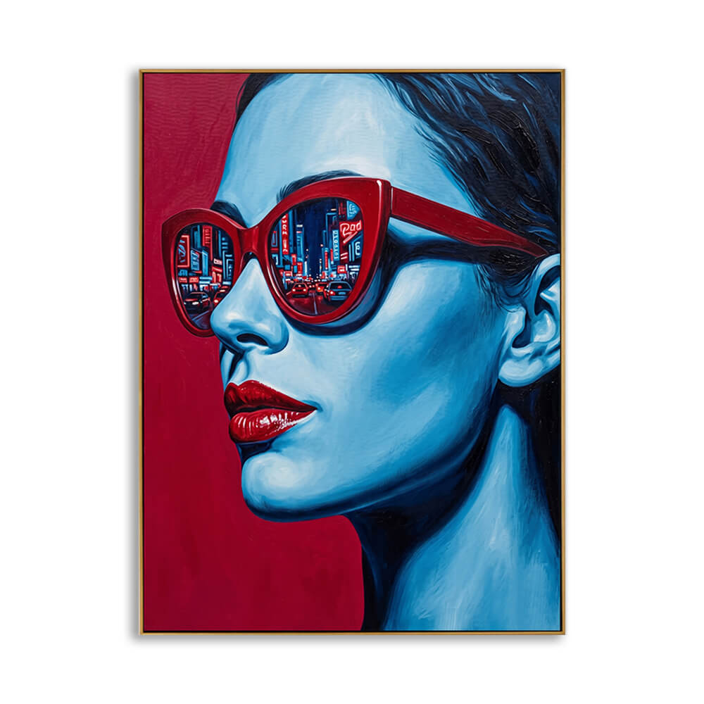 Hand-painted modern pop art portrait canvas, cool blue skin woman with red cat-eye sunglasses, city street reflection in lenses, bold red background, thin gold frame, isolated white background