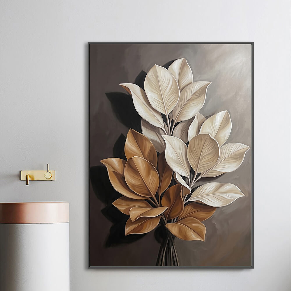 Smooth botanical canvas art hanging on a neutral wall next to a modern sink and sleek interior fixtures.