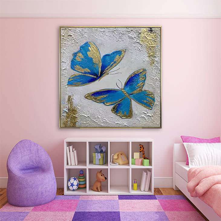 Hand Painted Blue & Gold Butterfly Textured Canvas Wall Art #YX293