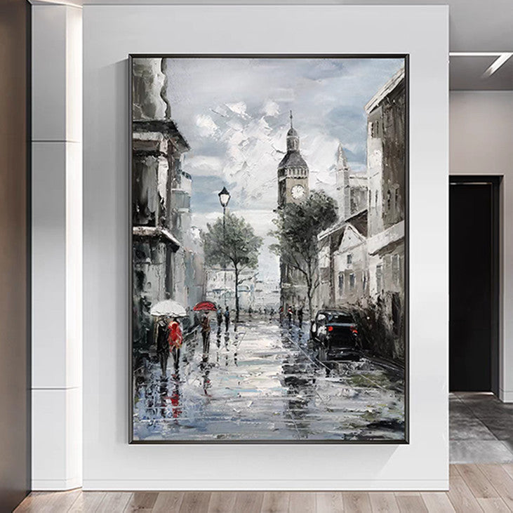 Textured Rainy Cityscape Canvas Art #VA339
