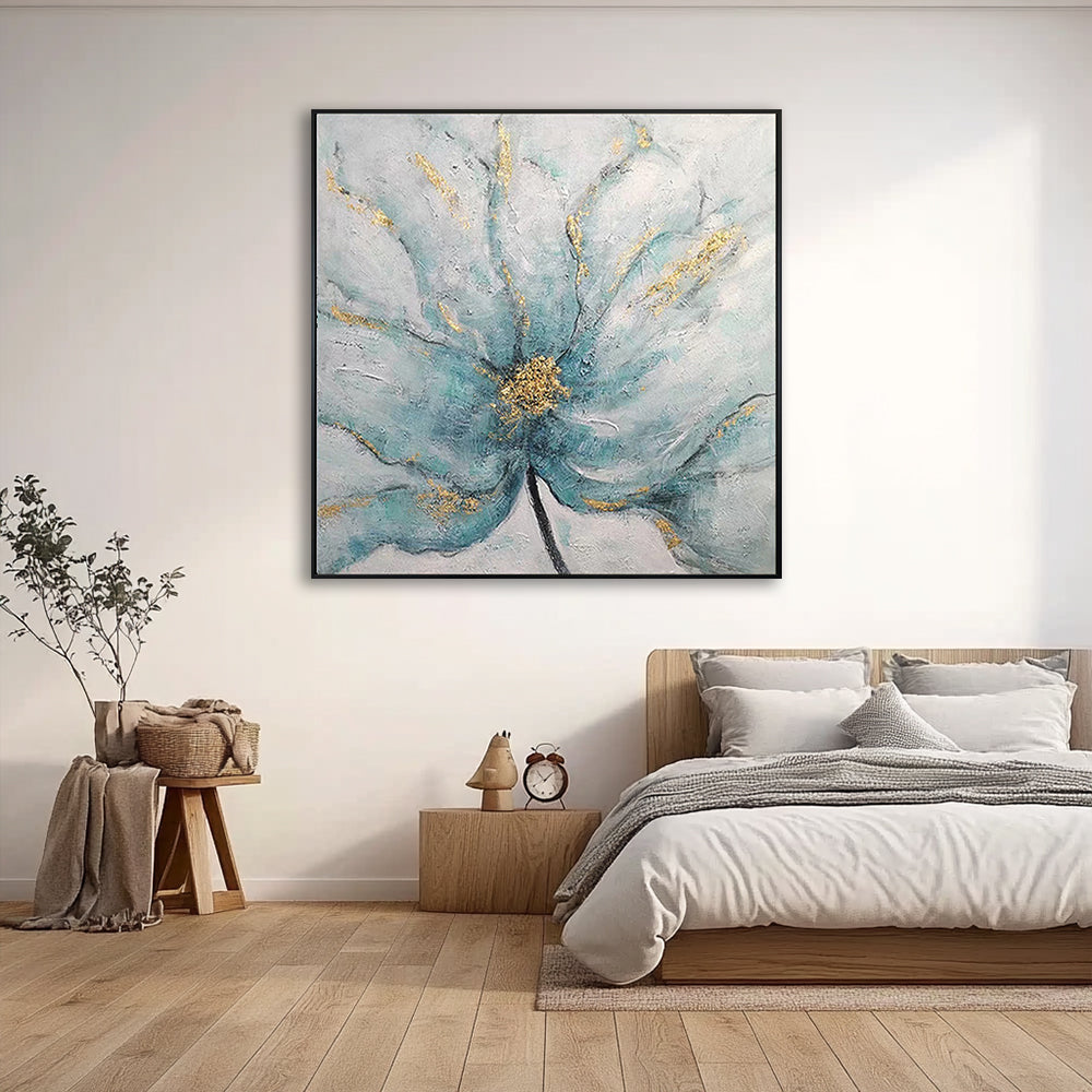 Teal and Gold Abstract Flower Canvas Art #YX325