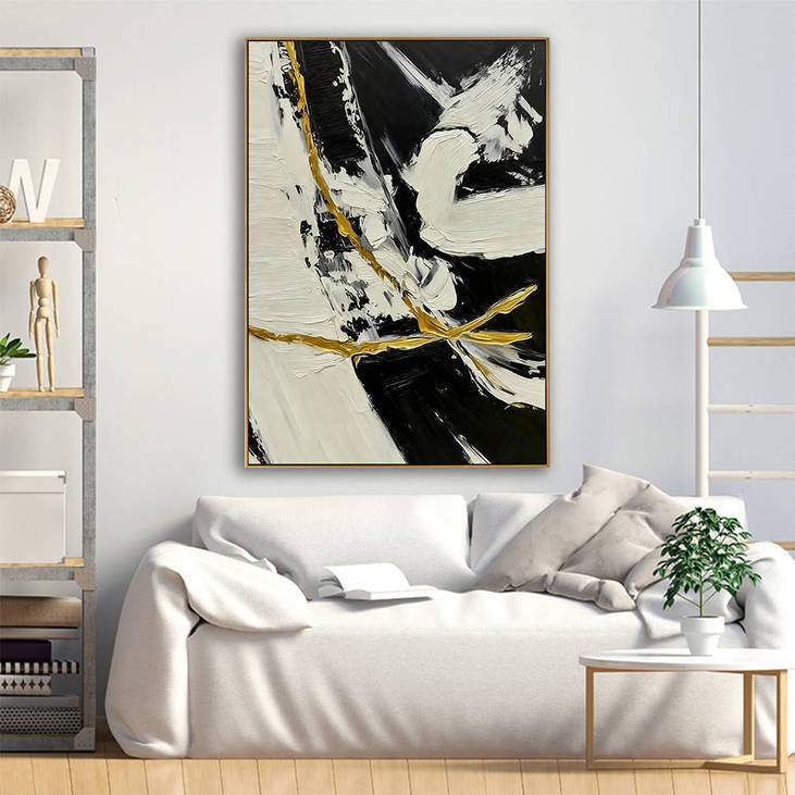 Hand Painted Abstract Black, White & Gold Decorative Wall Art #YX365