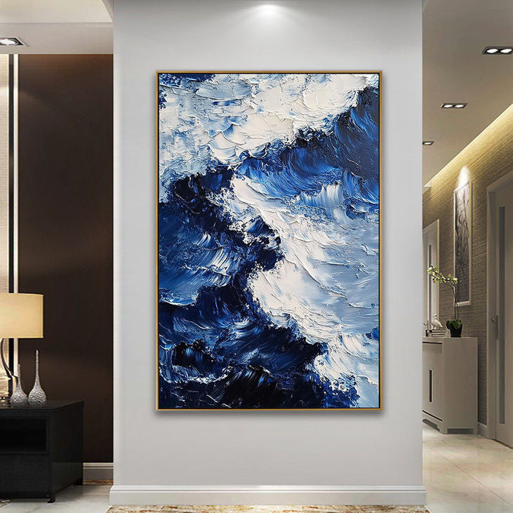 Textured Blue Ocean Wave Canvas Art #YX90
