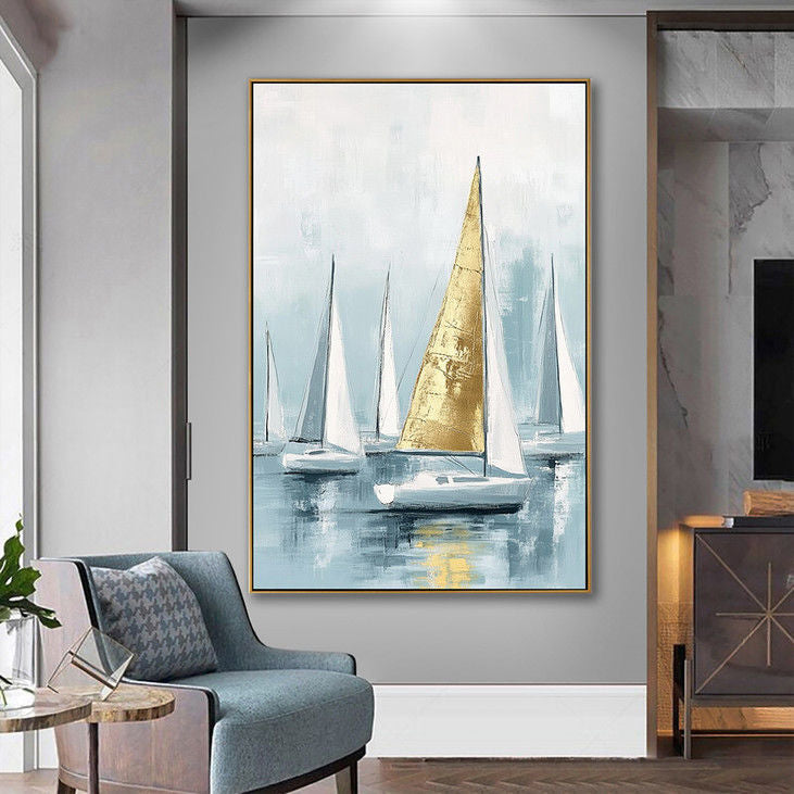 Gold Sailboat Canvas Wall Art #YX87