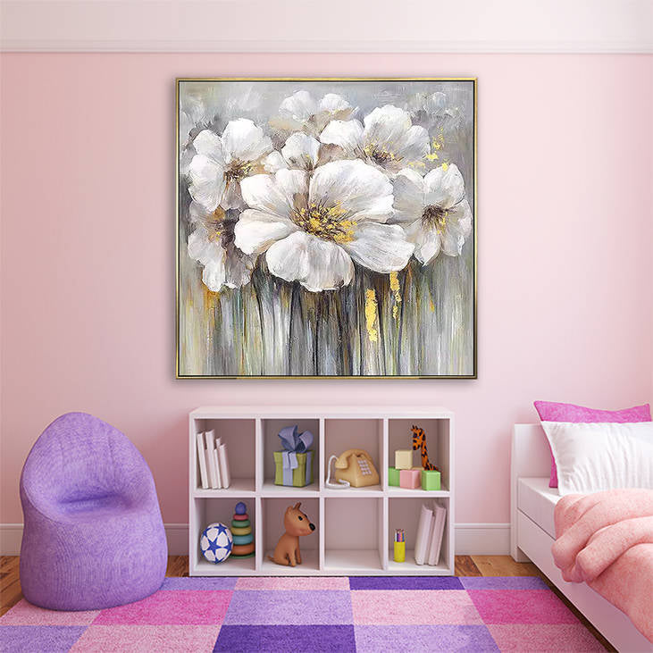 Hand Painted White Floral Canvas Art | Gold Accent Modern Abstract Painting #YX295