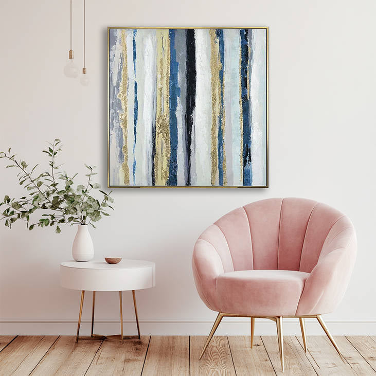 Hand Painted Abstract Blue Gold Striped Canvas Wall Art #YX301