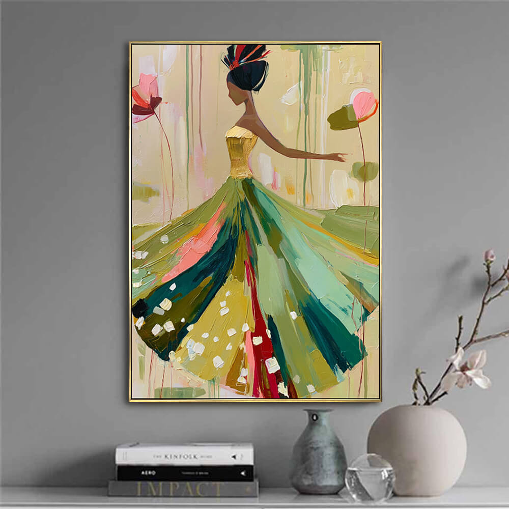 Dining room setup showcasing Ethereal Stride multicolor silhouette oil artwork hanging above a table set with books and a vase.
