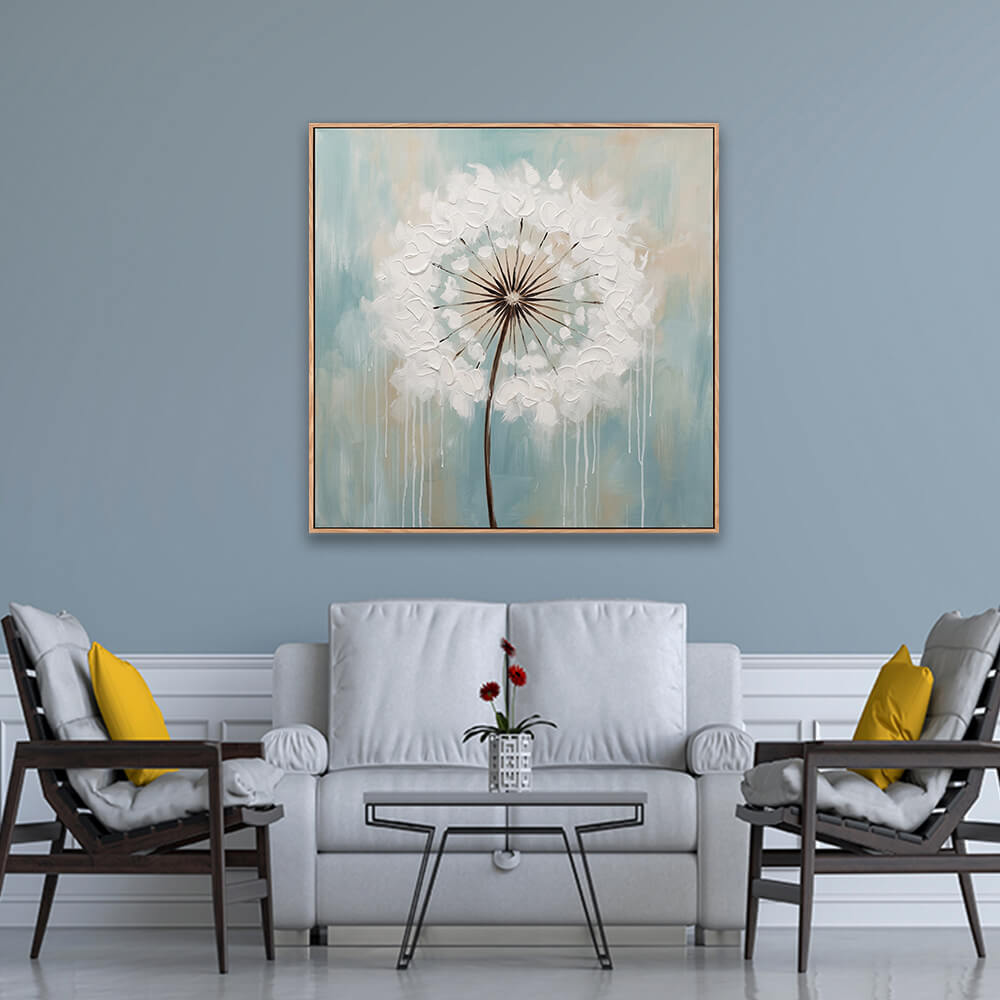 White dandelion textured painting on blue wall in traditional living room interior