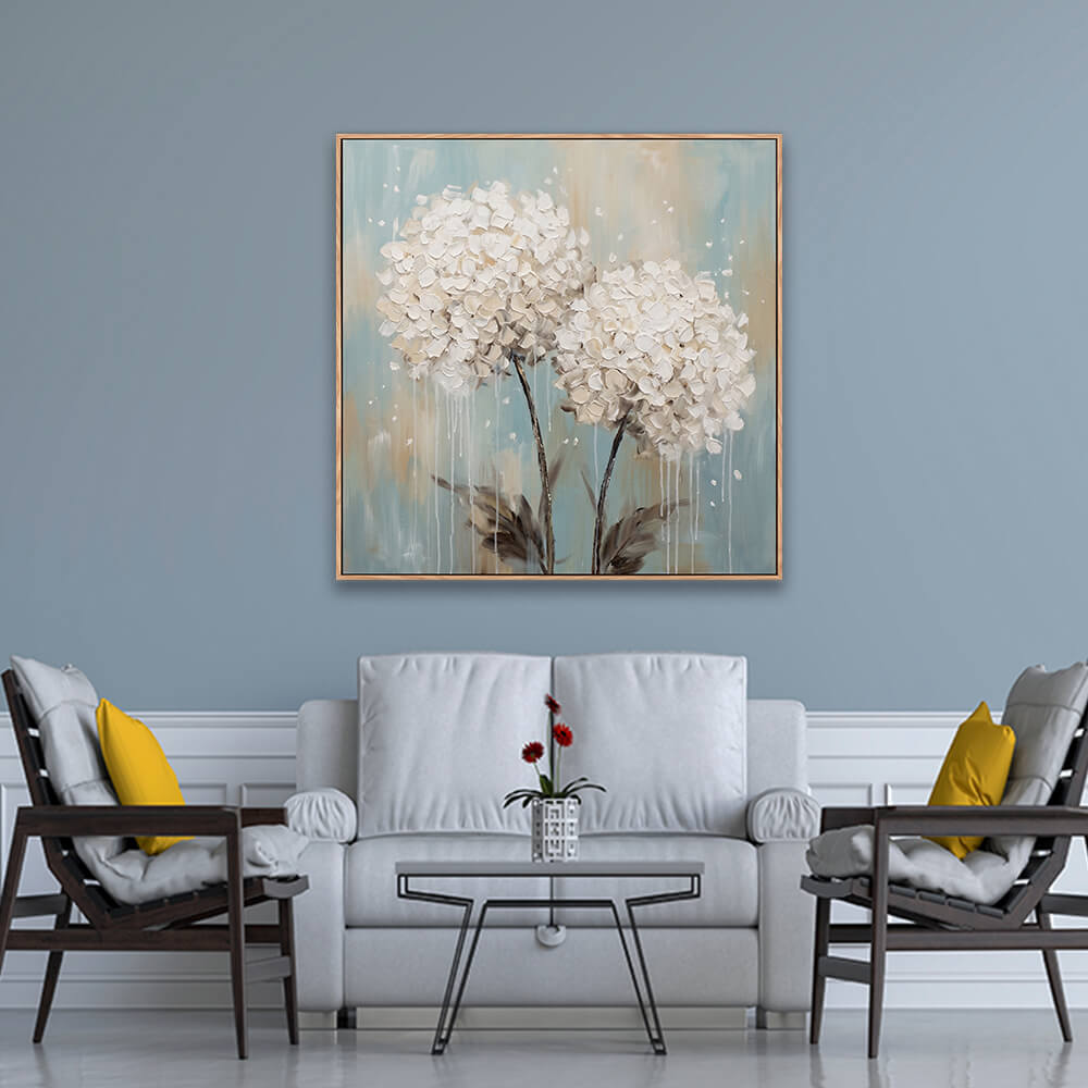 White hydrangea textured painting on blue wall in traditional living room interior